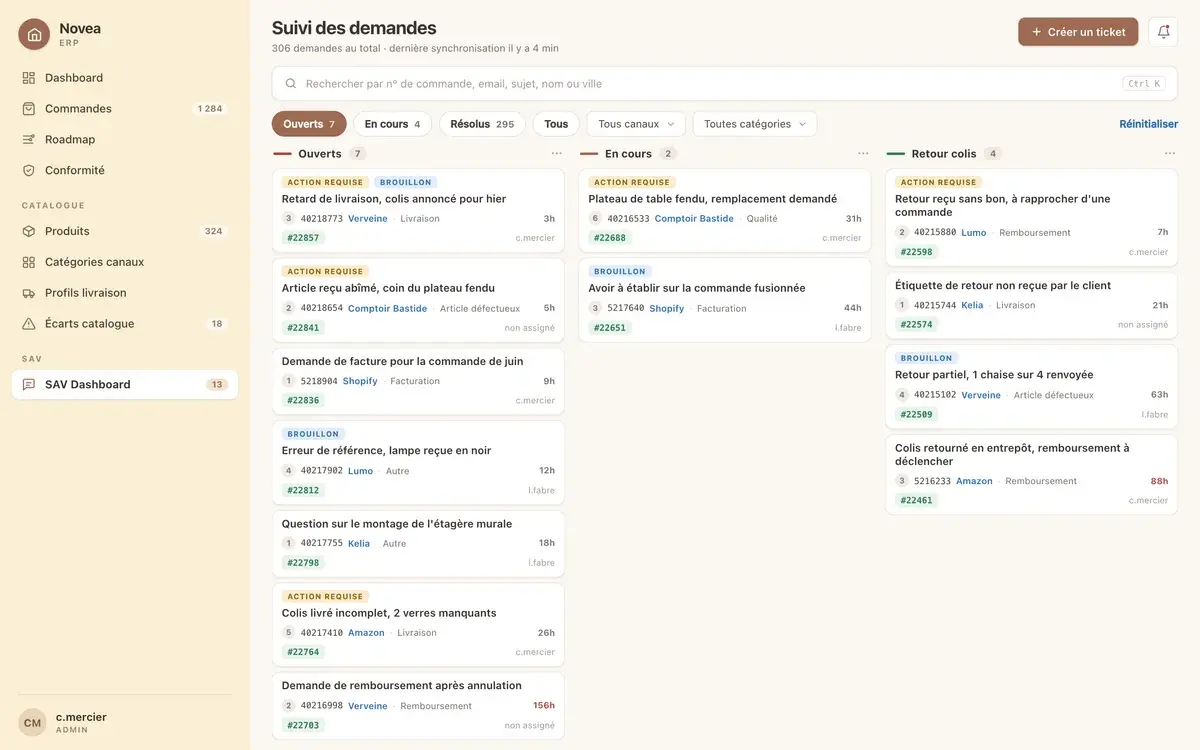 Écran de suivi des demandes clients, réparties en trois colonnes par état d'avancement