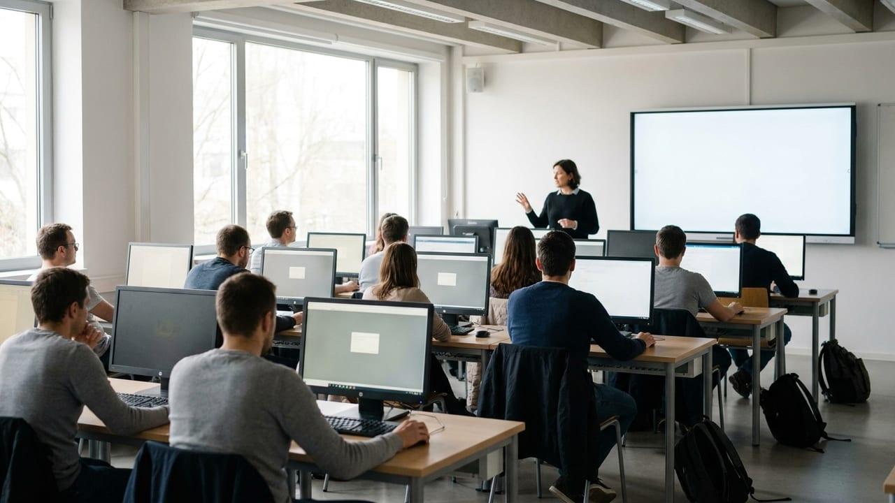 Salle informatique d'un établissement d'enseignement supérieur pendant un cours, étudiants devant leurs postes et intervenant face au groupe